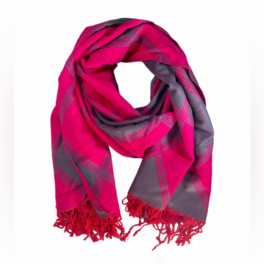 PINCTROT Large Diamond Scarf Rose Red & Grey Soft Tencel Tartan Warm Shawl